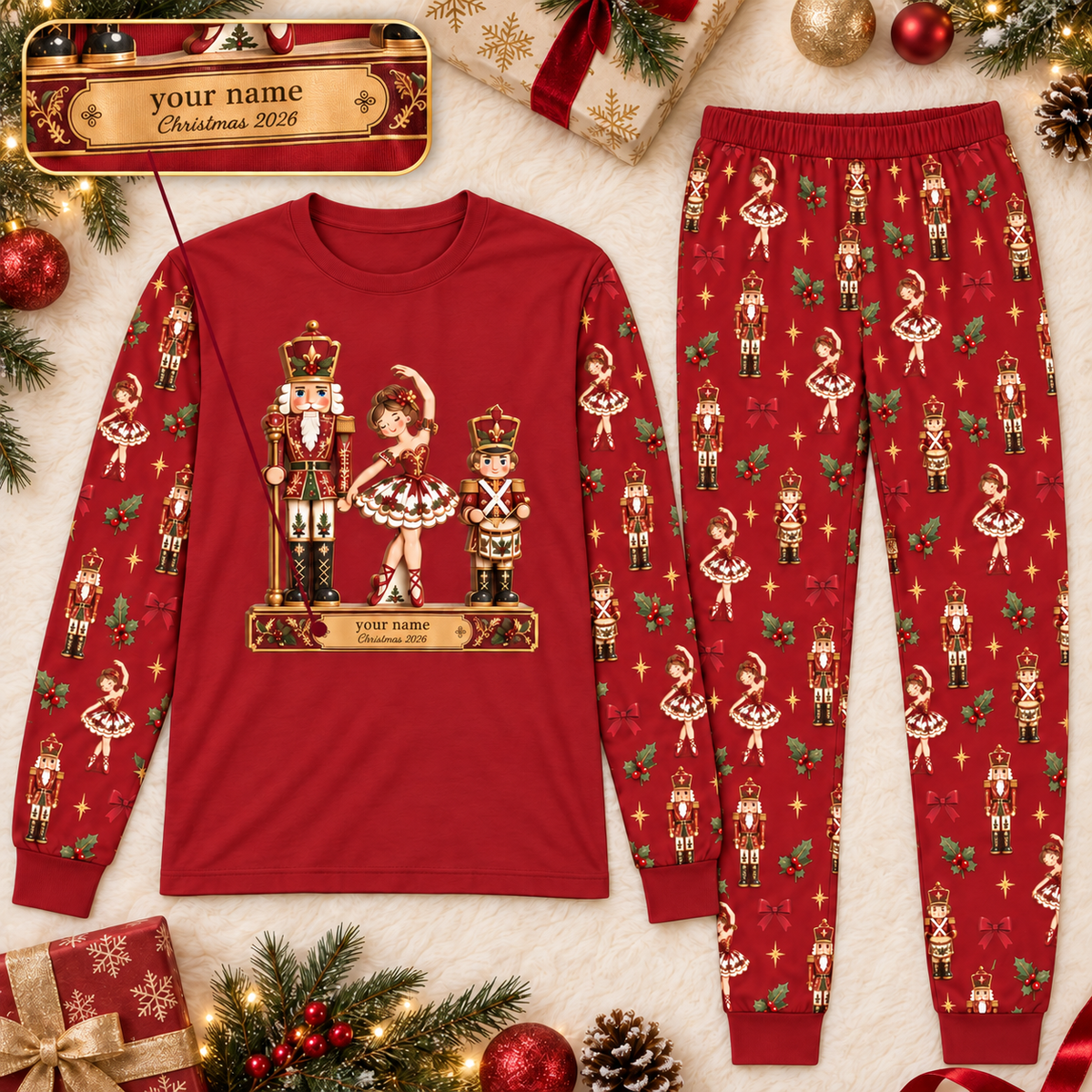 Personalized Red Nutcracker & Ballerina Family Christmas Pajamas