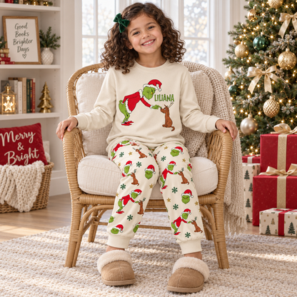 Personalized Mean Green Creature & Faithful Pup Cream Family Christmas Pajamas