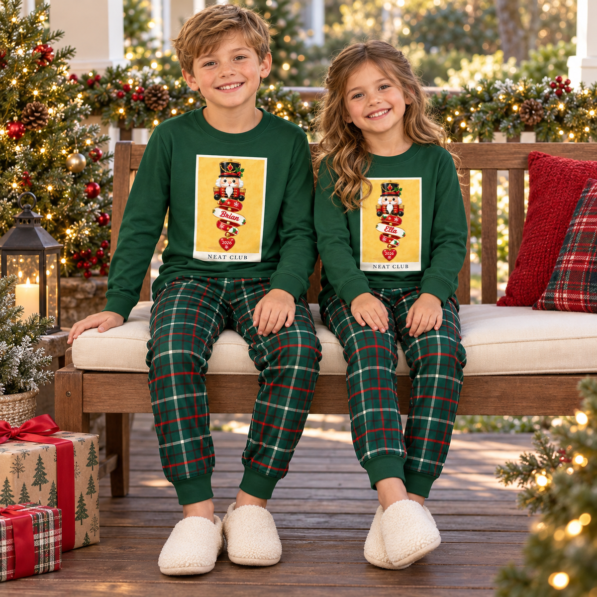 Personalized Nutcracker Banner & Tartan Plaid Green Family Christmas Pajamas