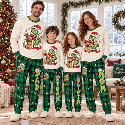 Personalized Grumpy Green Creature & Dog Green Buffalo Plaid Family Christmas Pajamas