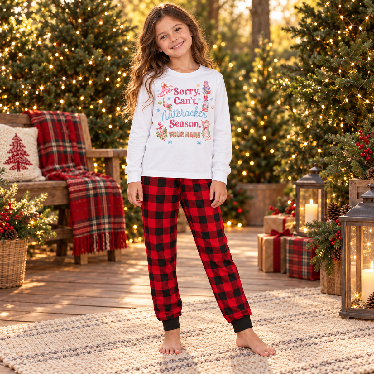 Personalized "Sorry Can't Nutcracker Season" Buffalo Plaid Family Christmas Pajamas
