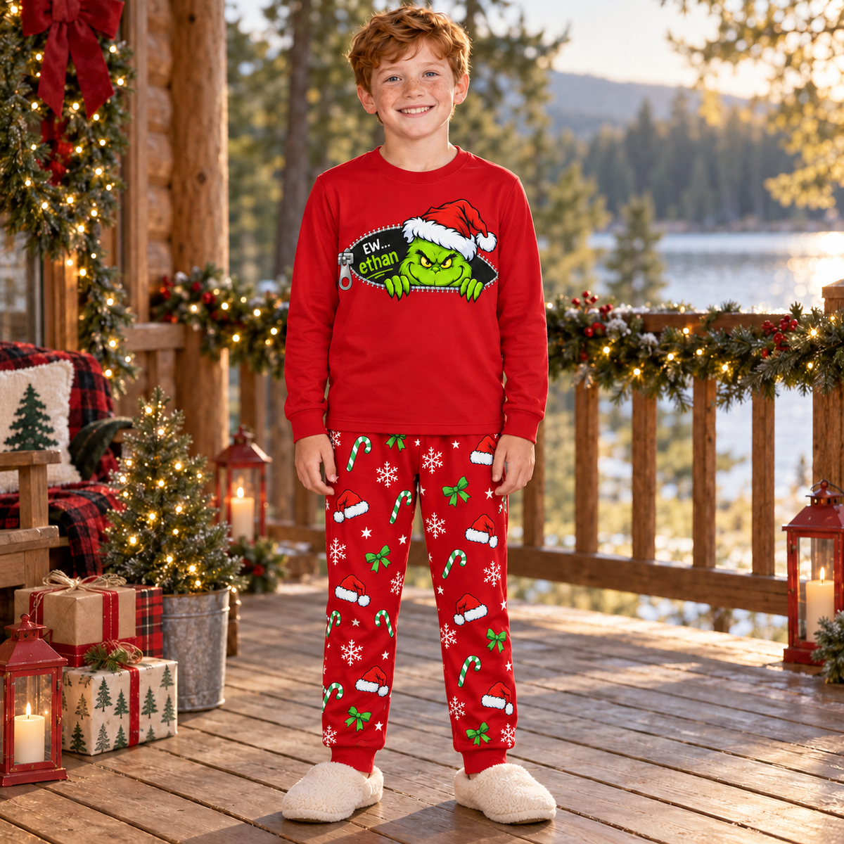 Personalized Grumpy Green Creature Zipper & All-Over Print Red Family Christmas Pajamas