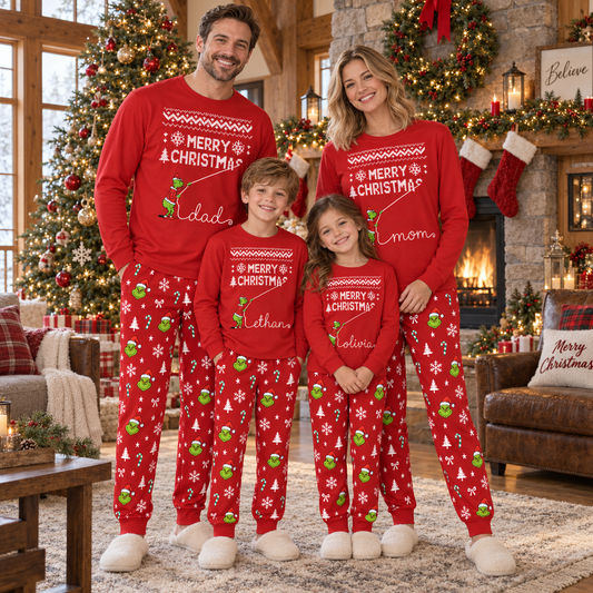Personalized Grumpy Green Creature "Merry Christmas" Red Family Christmas Pajamas