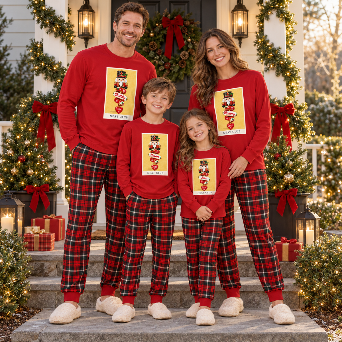 Personalized Nutcracker Banner & Tartan Plaid Red Family Christmas Pajamas