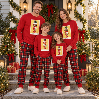 Personalized Nutcracker Banner & Tartan Plaid Red Family Christmas Pajamas