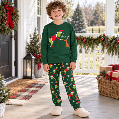 Personalized Mean Green Creature & Faithful Pup Green Family Christmas Pajamas