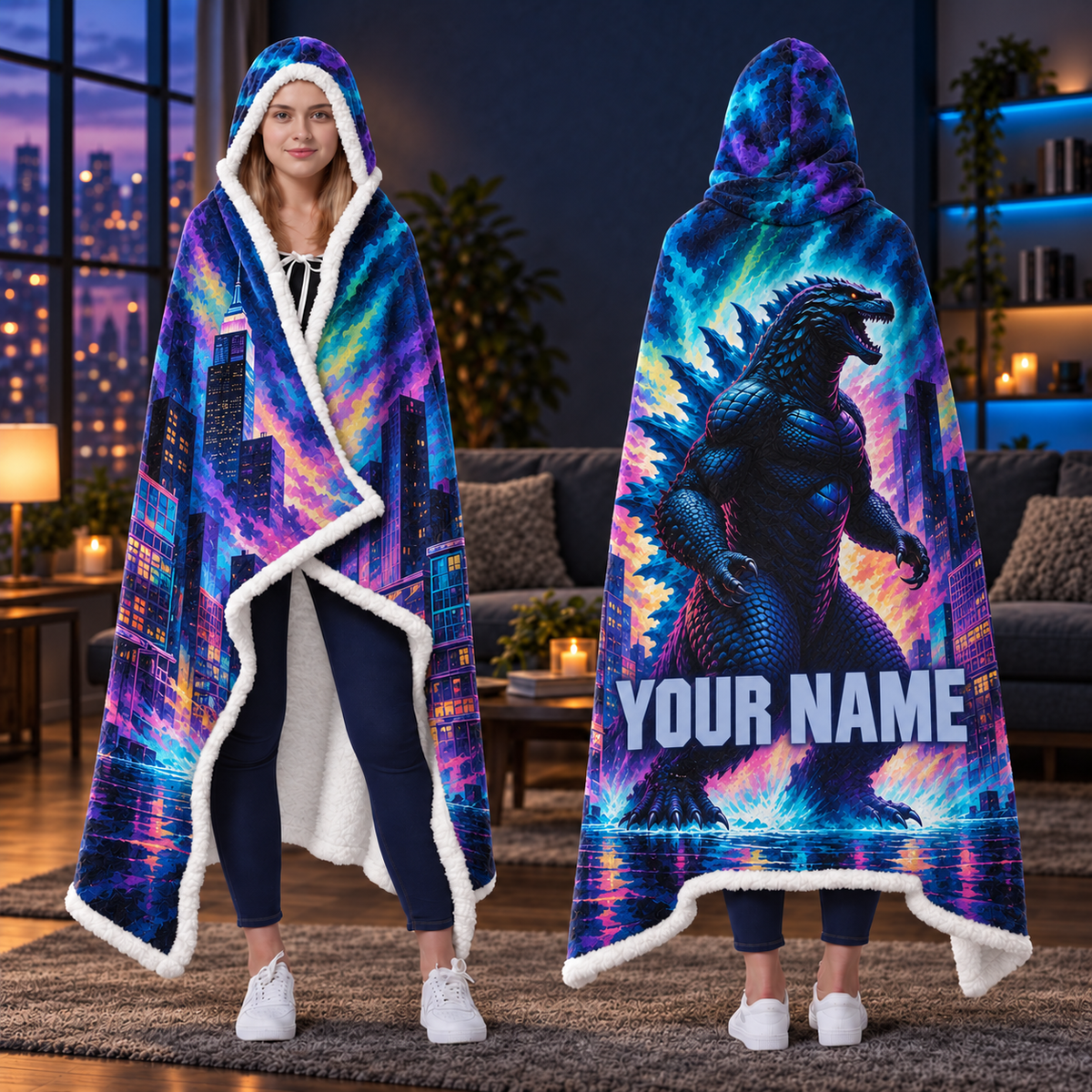 Custom Name Giant Luminous Beast Neon City Wearable Hooded Blanket