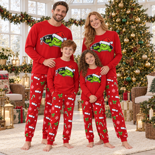 Personalized Grumpy Green Creature Zipper & All-Over Print Red Family Christmas Pajamas
