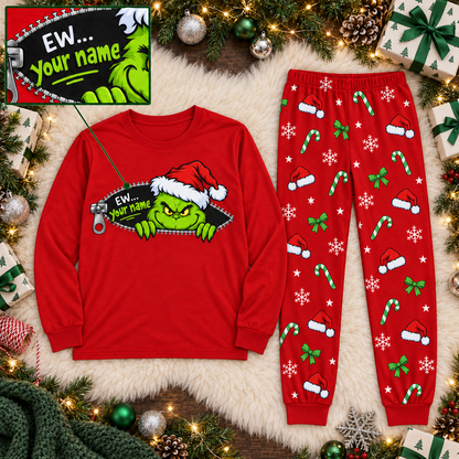 Personalized Grumpy Green Creature Zipper & All-Over Print Red Family Christmas Pajamas