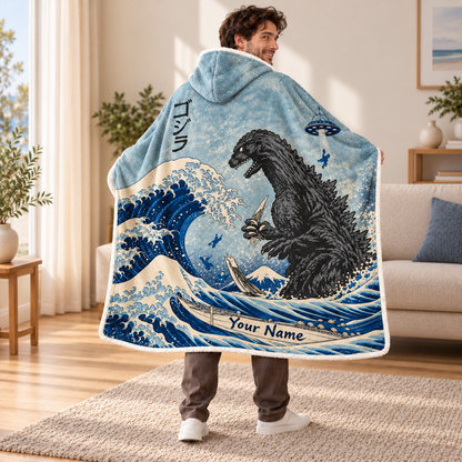 Custom Name Japanese Ukiyo-e UFO Kaiju Monster Wearable Hooded Blanket