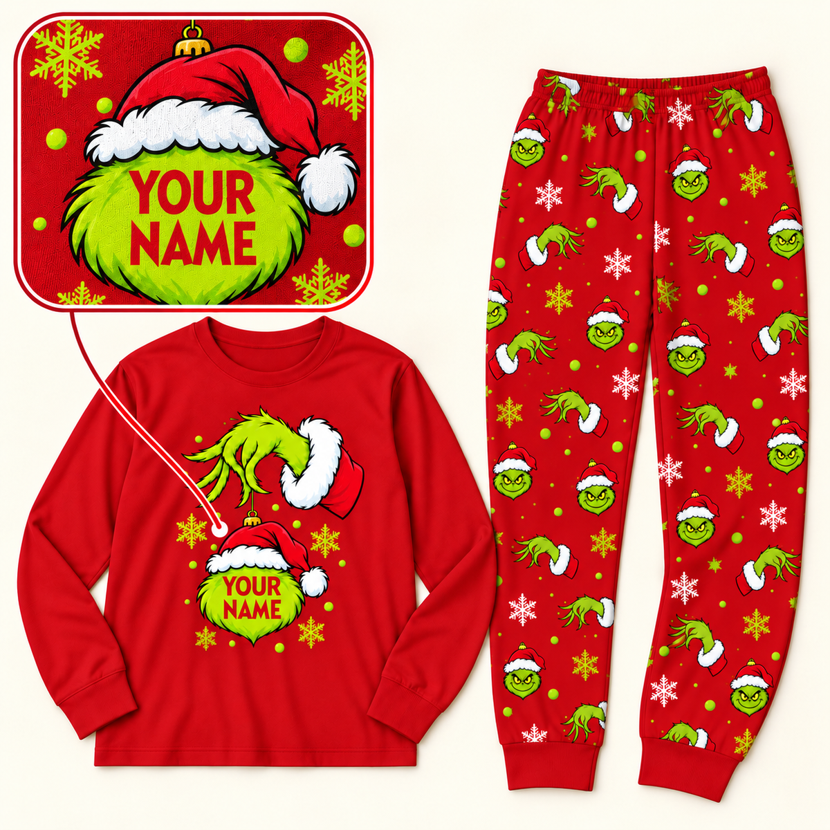 Personalized Mean Green Holiday Creature & All-Over Print Red Family Christmas Pajamas