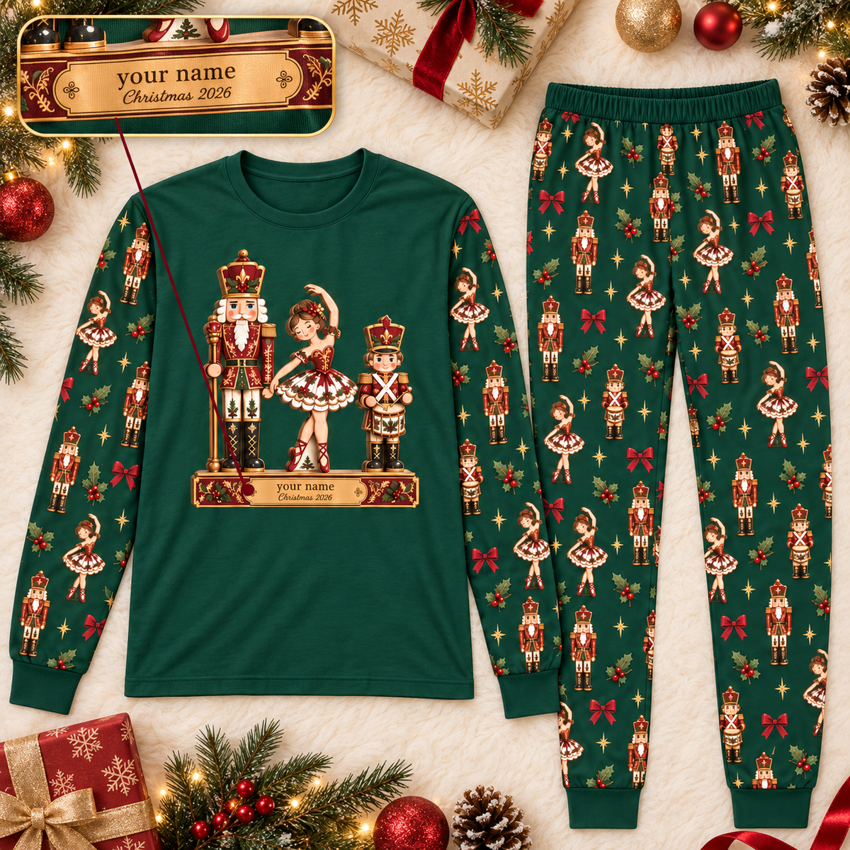 Personalized Green Nutcracker & Ballerina Family Christmas Pajamas