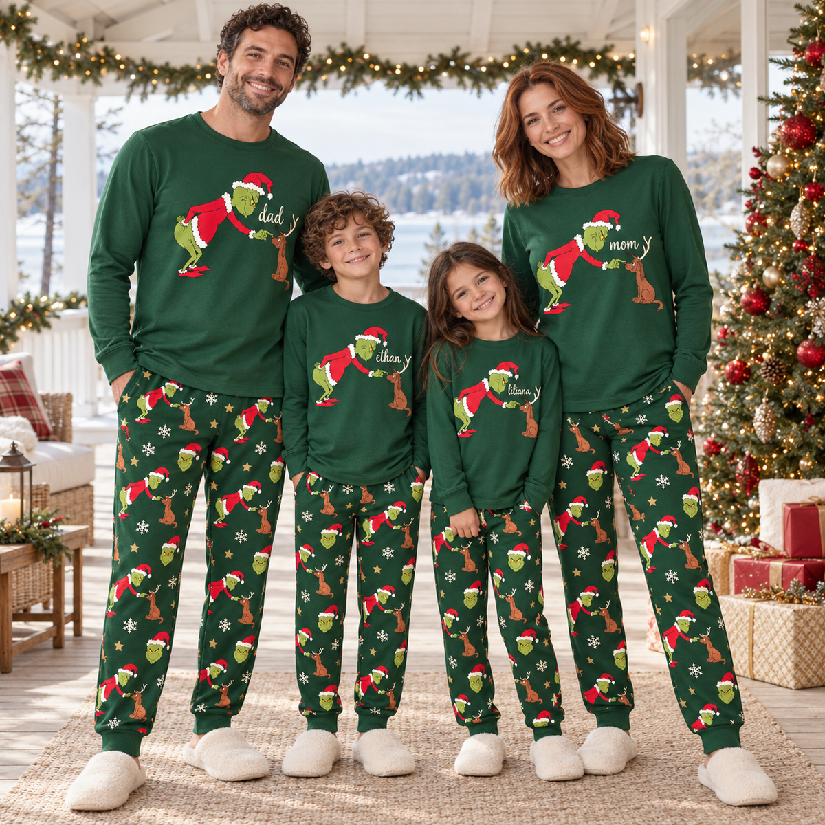 Personalized Mean Green Creature & Faithful Pup Green Family Christmas Pajamas