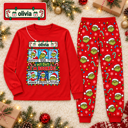 Personalized "My Day I'm Booked" Grumpy Green Creature Red Family Christmas Pajamas