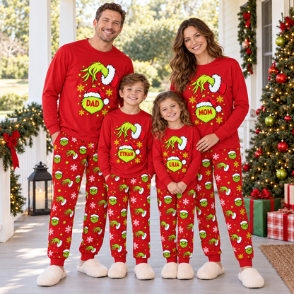 Personalized Mean Green Holiday Creature & All-Over Print Red Family Christmas Pajamas
