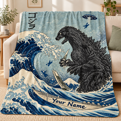 Custom Name Japanese Ukiyo-e UFO Kaiju Monster Blanket