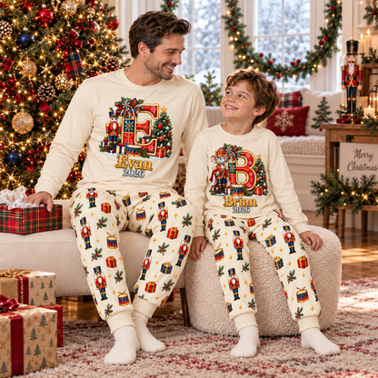 Personalized Monogram Letter Nutcracker Cream Matching Family Christmas Pajamas