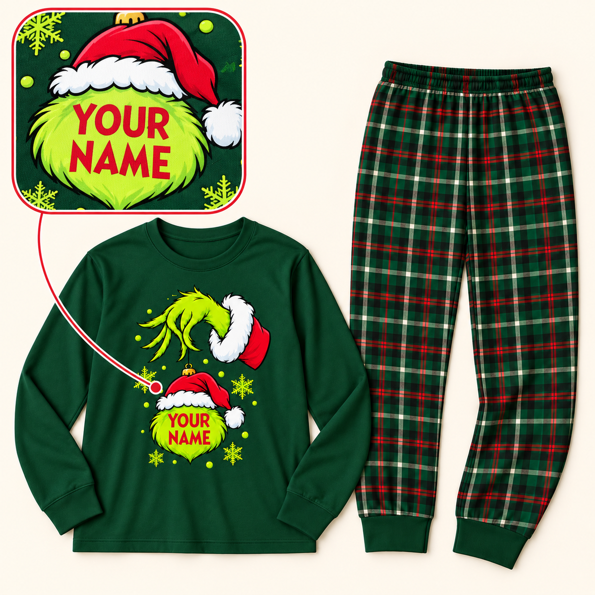 Personalized Mean Green Holiday Creature & Tartan Plaid Family Christmas Pajamas