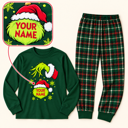 Personalized Mean Green Holiday Creature & Tartan Plaid Family Christmas Pajamas