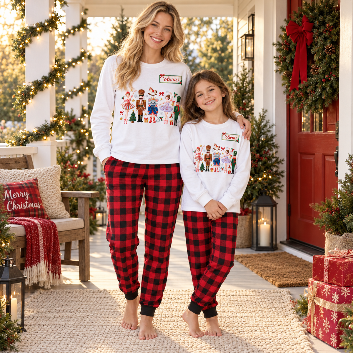 Personalized Ballerina, Nutcracker & Mouse Buffalo Plaid Family Christmas Pajamas