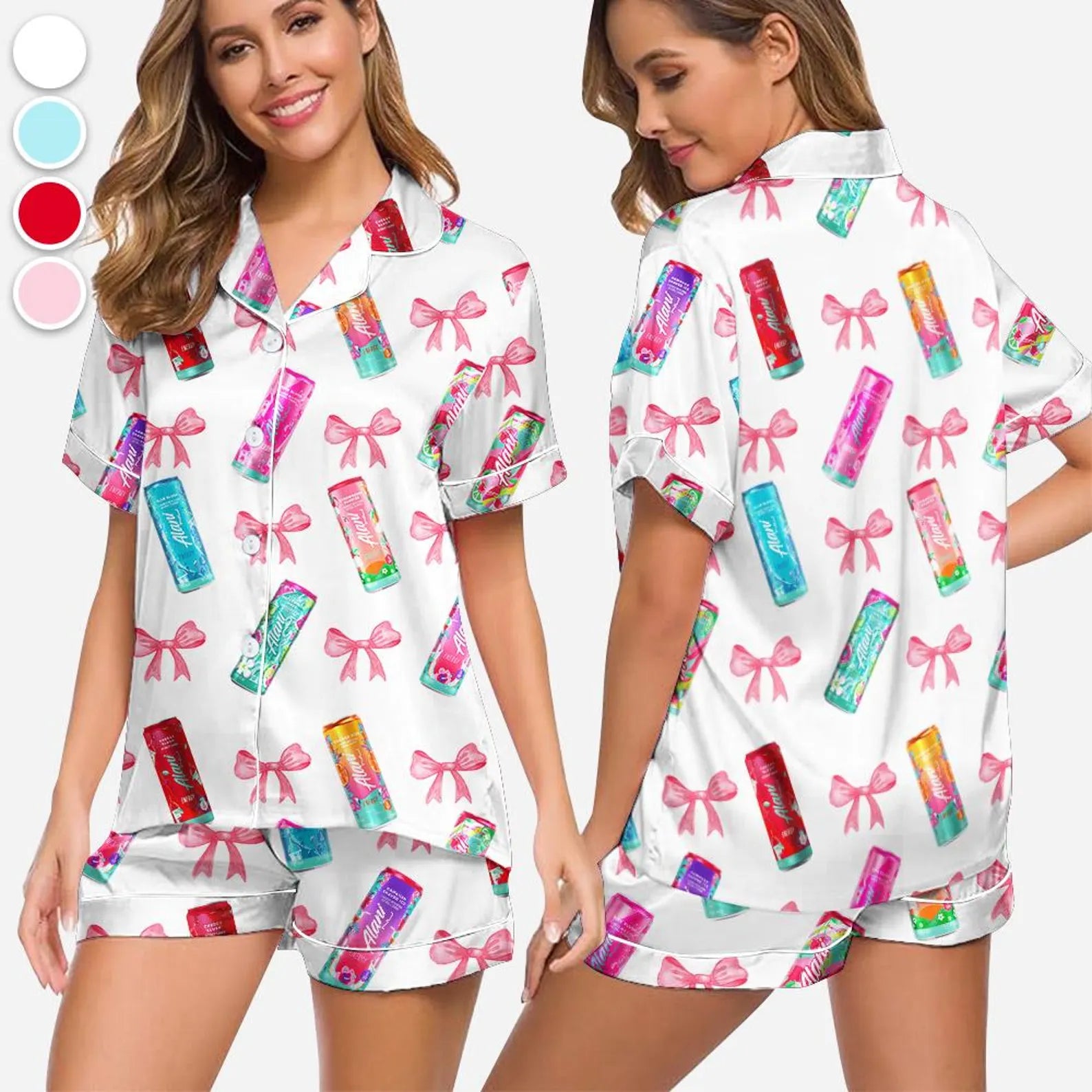 Energy Drink Inspired Coquette Bow Pajama Set – Cute Pastel Satin Sleepwear & Loungewear Gift