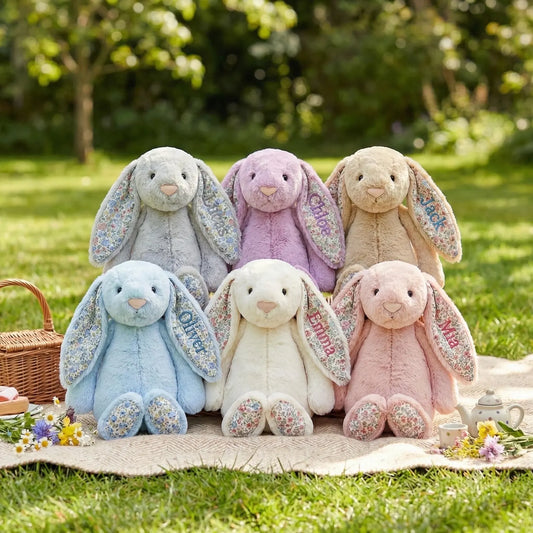 Personalized Floral Bunny Plush – Cottage Style Stuffed Rabbit with Custom Name, Keepsake Gift
