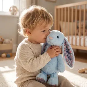 Personalized Floral Bunny Plush – Cottage Style Stuffed Rabbit with Custom Name, Keepsake Gift