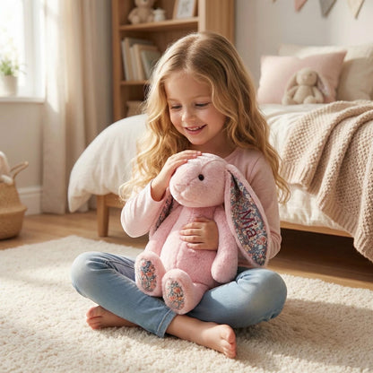 Personalized Floral Bunny Plush – Cottage Style Stuffed Rabbit with Custom Name, Keepsake Gift