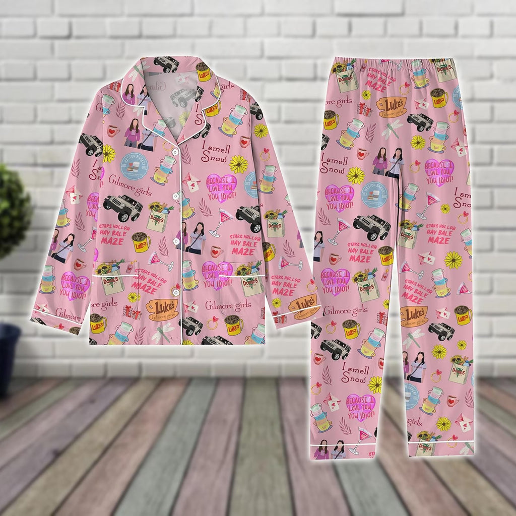 Vintage Stars Hollow Inspired Pajama Set – Pink Cozy Loungewear & Winter Sleepwear