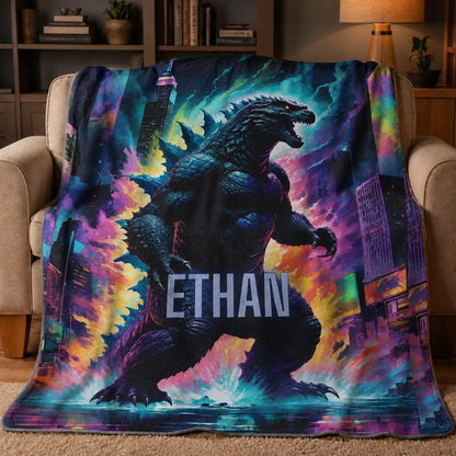 Custom Name Giant Neon Beast City Skyline Blanket