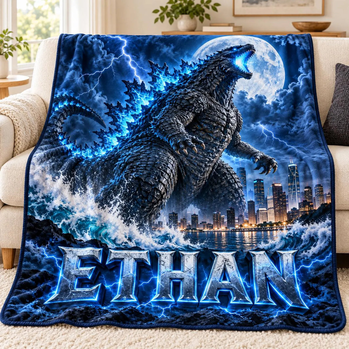 Custom Name Giant Luminous Beast Full Moon Lightning Blanket
