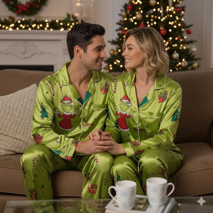 Funny Green Monster Family Christmas Pajama Set – Satin Matching Holiday Sleepwear for Parents & Kids