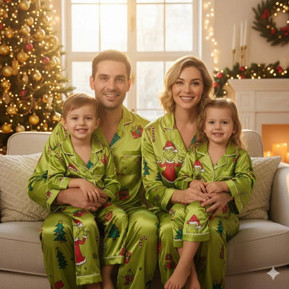 Funny Green Monster Family Christmas Pajama Set – Satin Matching Holiday Sleepwear for Parents & Kids