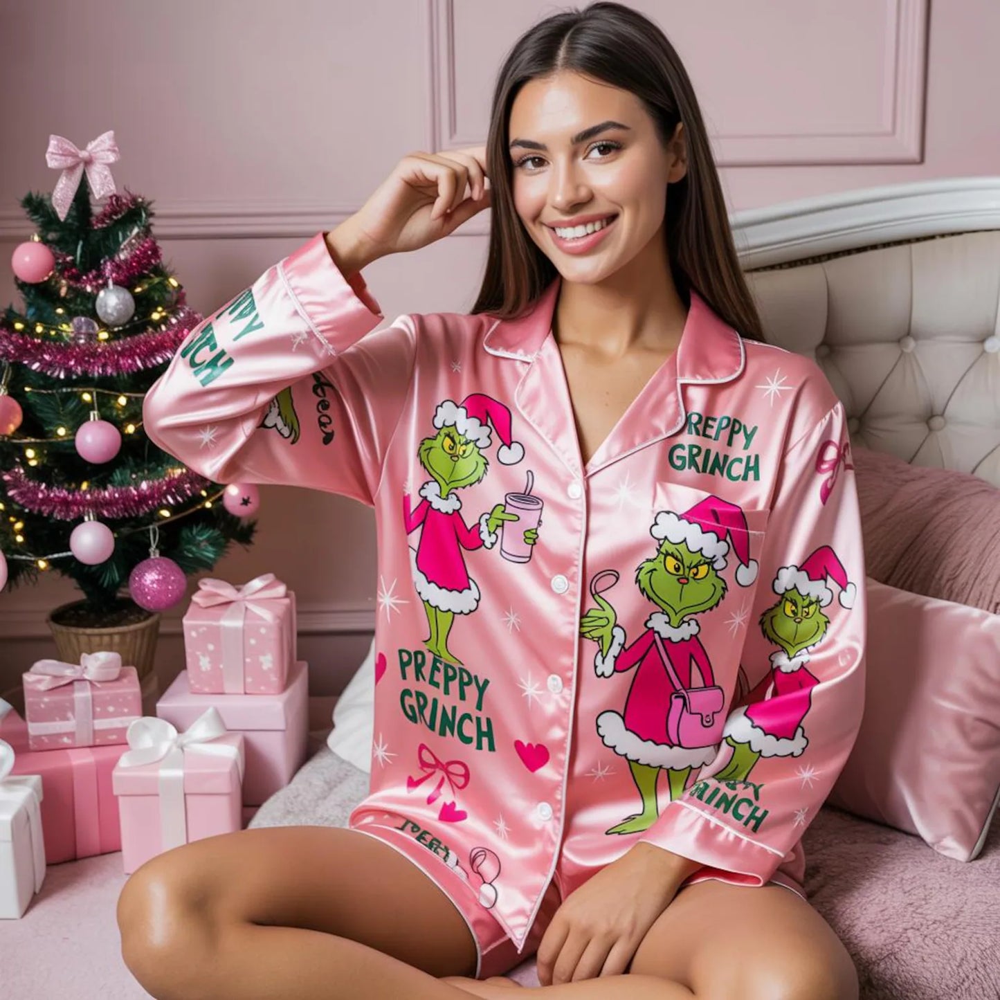 Preppy Pink Green Monster Satin Pajama Set – Funny Holiday Sleepwear for Women, Cozy Christmas Lounge Outfit