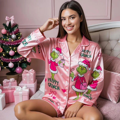 Preppy Pink Green Monster Satin Pajama Set – Funny Holiday Sleepwear for Women, Cozy Christmas Lounge Outfit