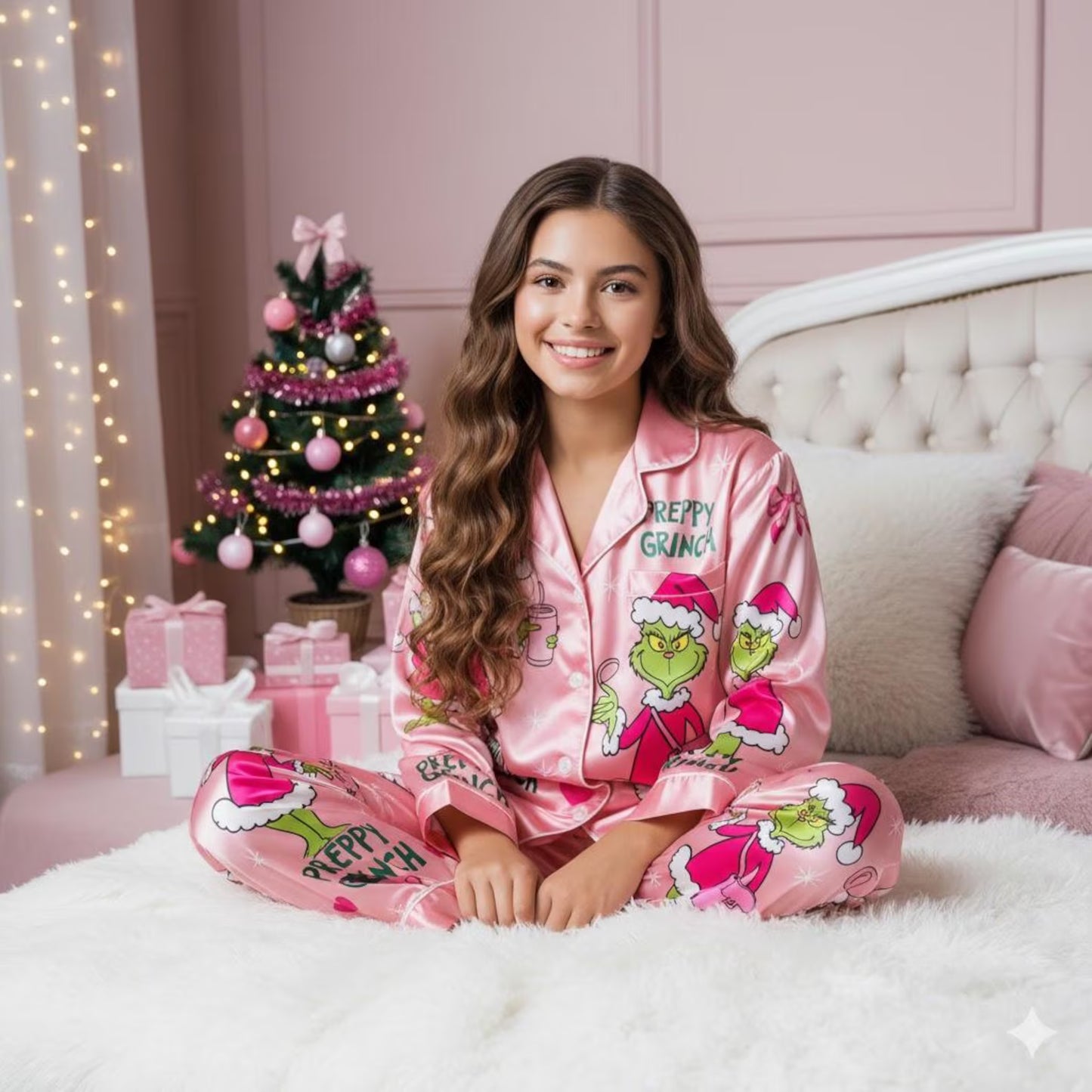 Preppy Pink Green Monster Satin Pajama Set – Funny Holiday Sleepwear for Women, Cozy Christmas Lounge Outfit