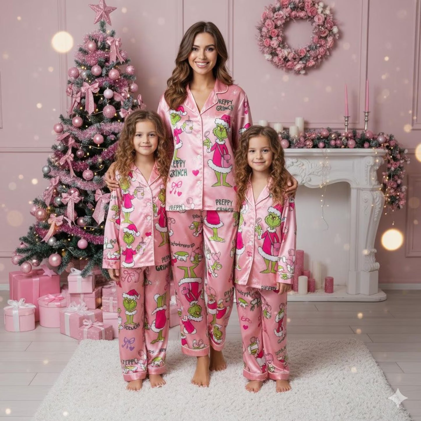 Preppy Pink Green Monster Satin Pajama Set – Funny Holiday Sleepwear for Women, Cozy Christmas Lounge Outfit