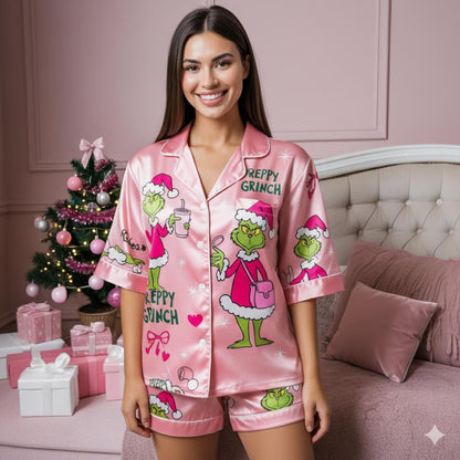 Preppy Pink Green Monster Satin Pajama Set – Funny Holiday Sleepwear for Women, Cozy Christmas Lounge Outfit