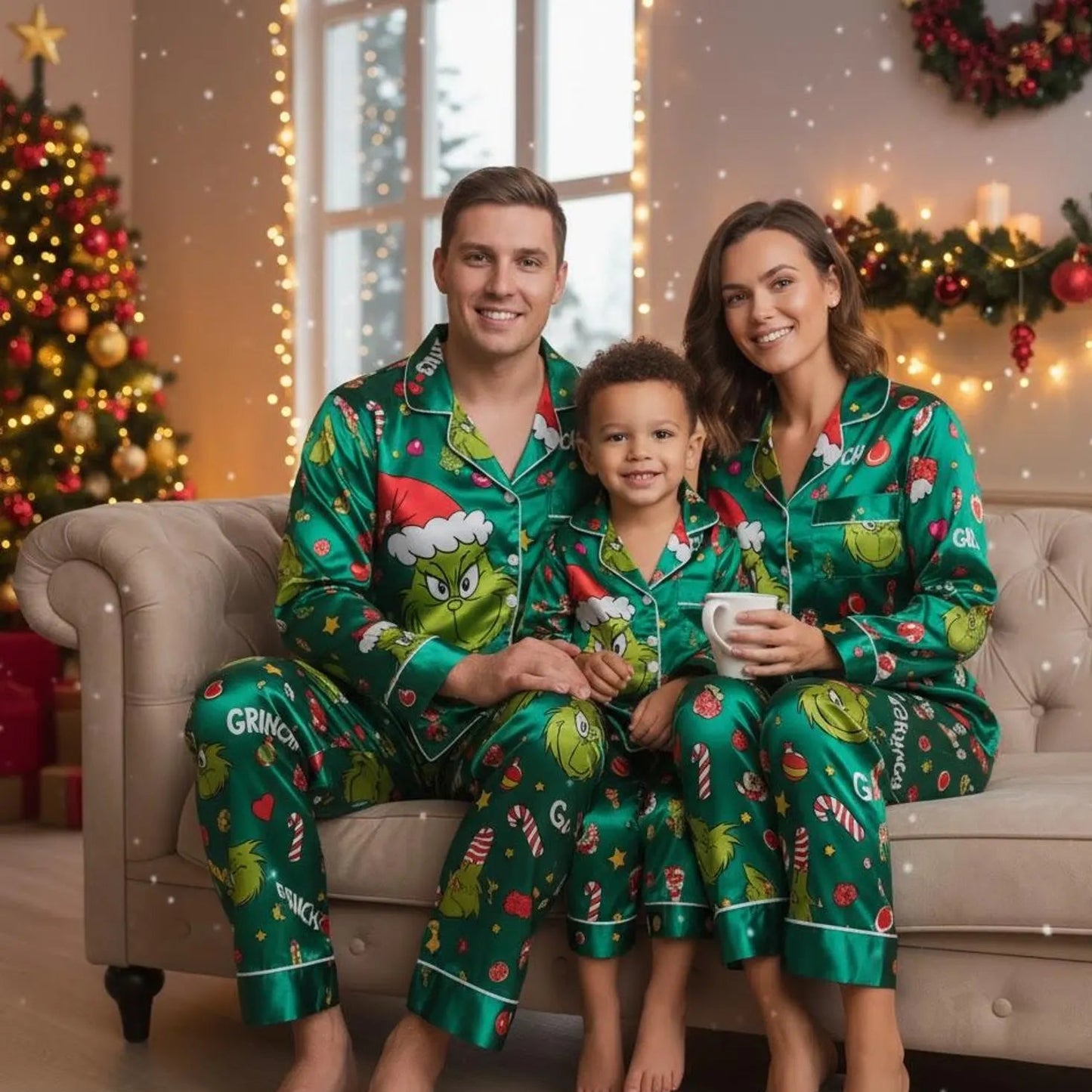 Green Demon Satin Pajama Set – Funny Matching Family Christmas Sleepwear for Women, Men & Kids