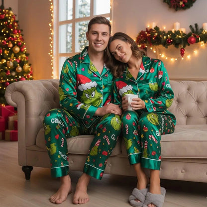Green Demon Satin Pajama Set – Funny Matching Family Christmas Sleepwear for Women, Men & Kids