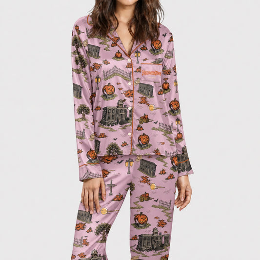 Blush Pink Vintage Halloween Town Satin Pajamas