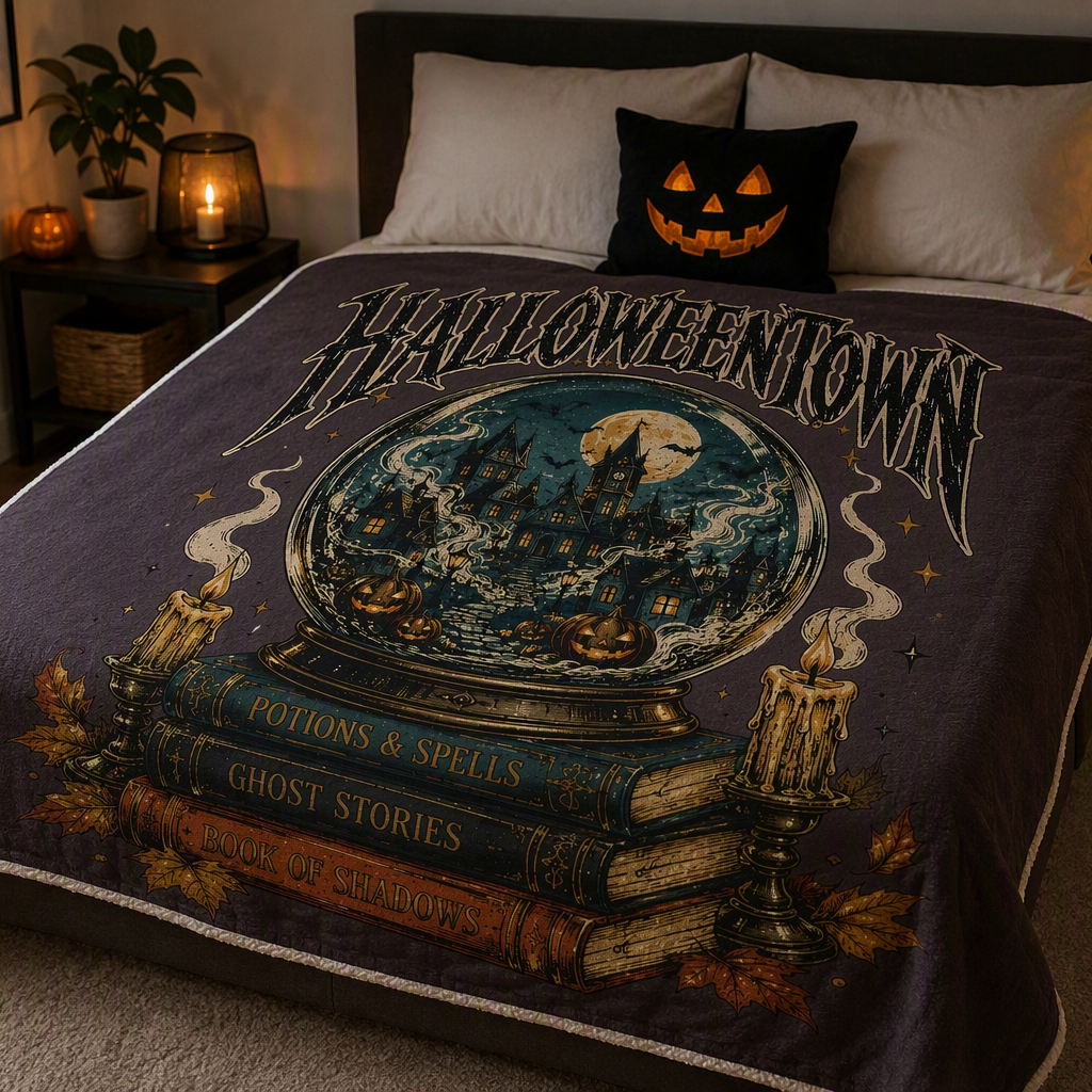 Vintage Halloweentown Snow Globe Spellbook Blanket Gothic Autumn Throw