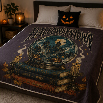 Vintage Halloweentown Snow Globe Spellbook Blanket Gothic Autumn Throw