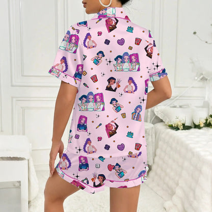 K Pop Pink Tiger Pajama Set Satin Fabric Sleepwear for Kids & Women Cozy Nightwear Fan Gift