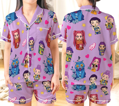 Pop Fantasy Satin Pajama Set for Kids and Women – Anime-Inspired Cozy Nightwear Gift