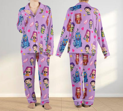 Pop Fantasy Satin Pajama Set for Kids and Women – Anime-Inspired Cozy Nightwear Gift