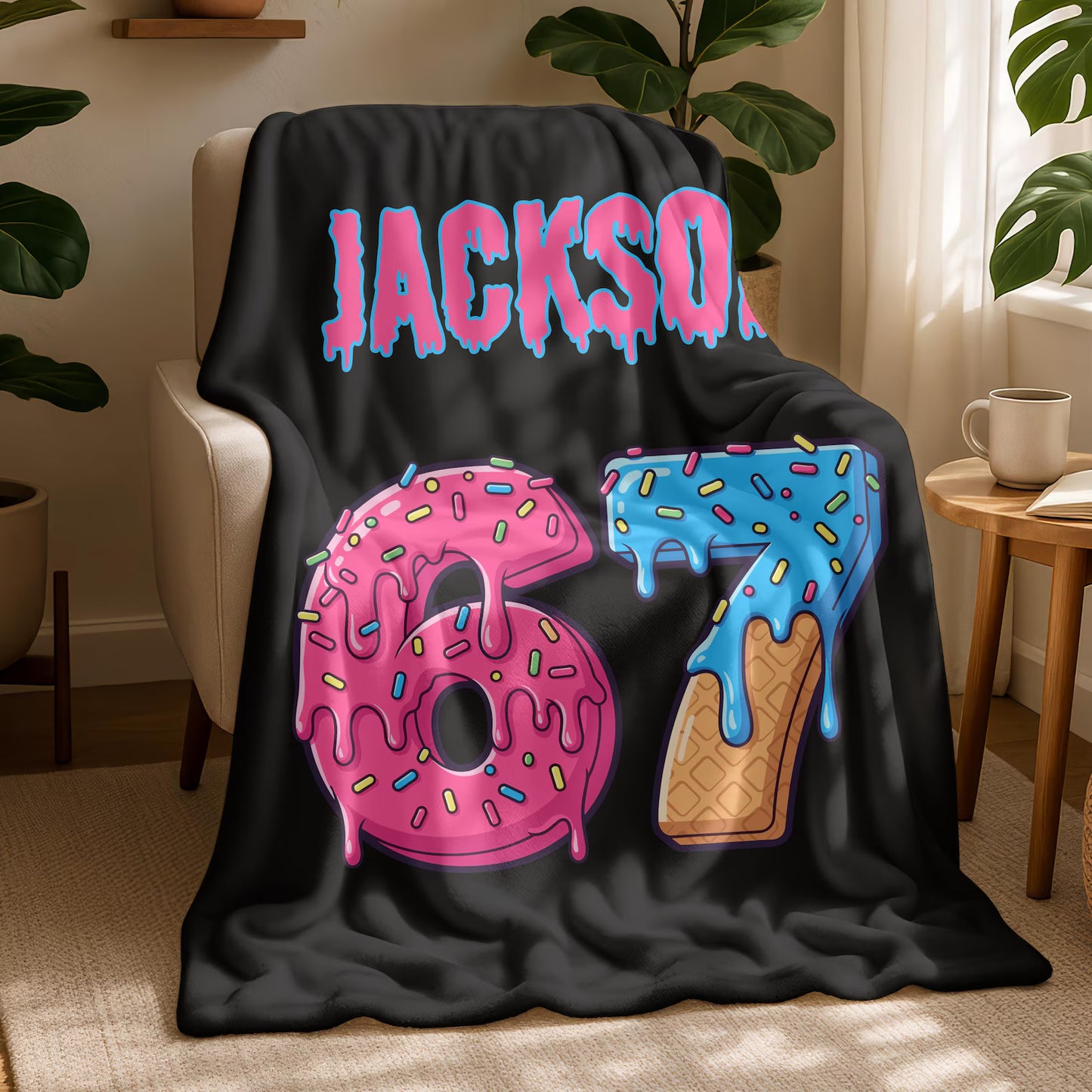Custom Funny Six Seven Name Blanket – Personalized Ice Cream Drip Number Throw, 67 Meme Holiday Gift for Kids & Adults