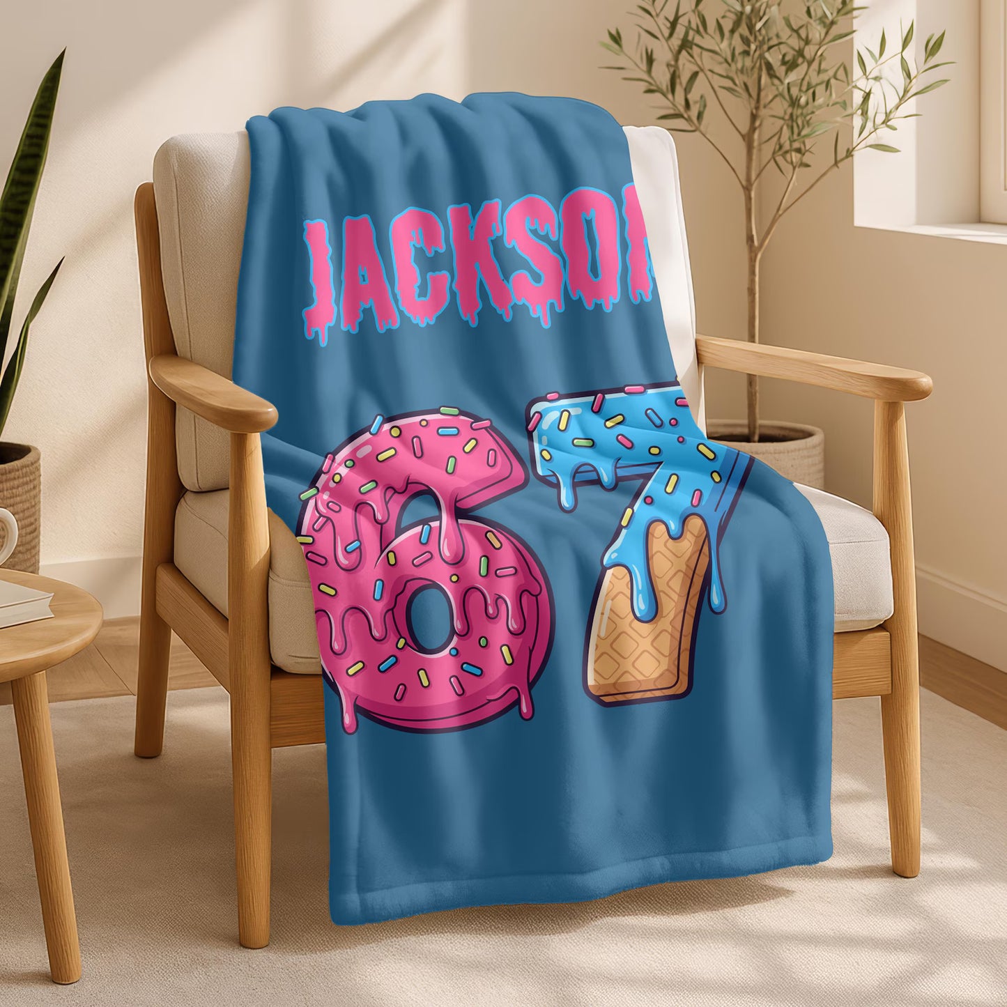 Custom Funny Six Seven Name Blanket – Personalized Ice Cream Drip Number Throw, 67 Meme Holiday Gift for Kids & Adults