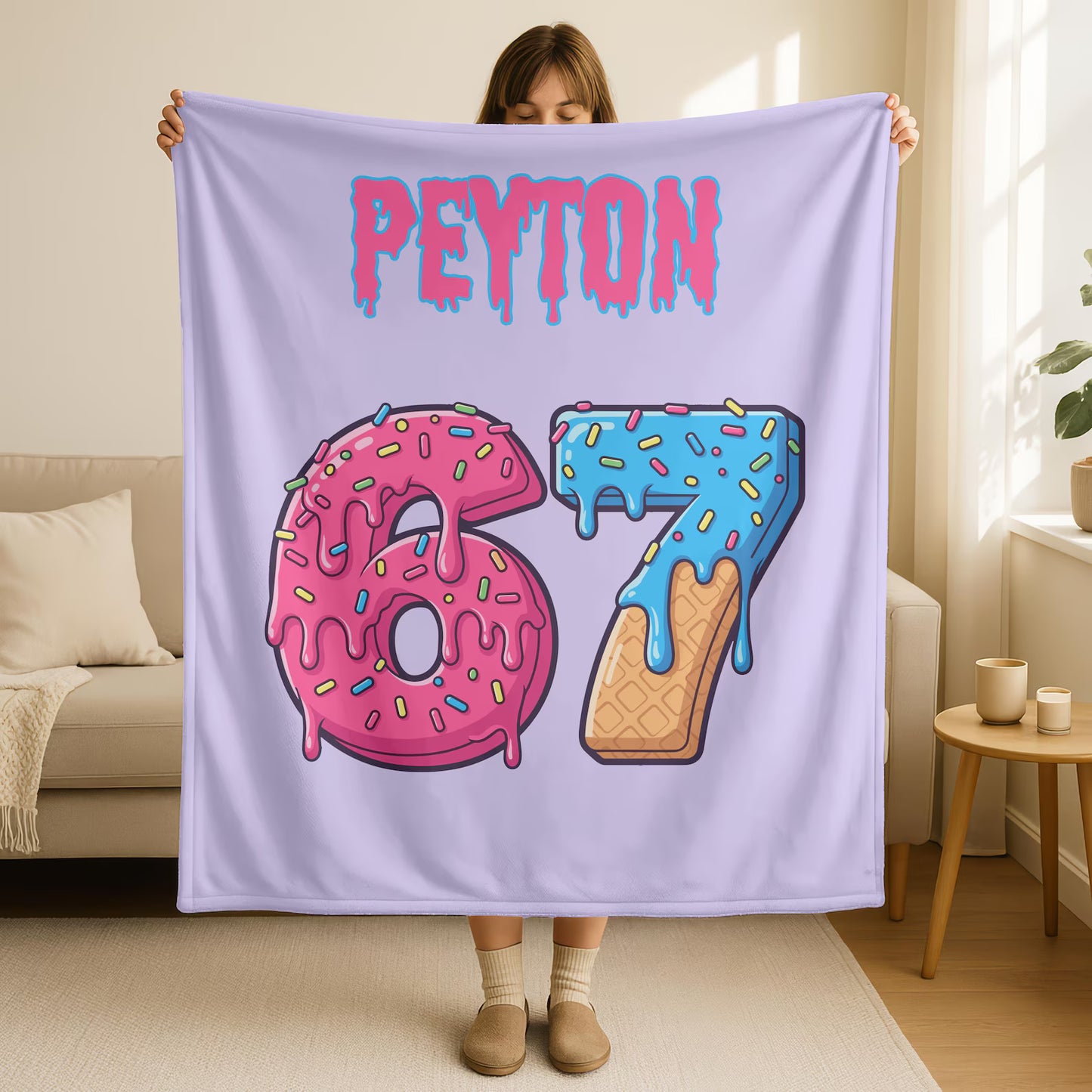 Custom Funny Six Seven Name Blanket – Personalized Ice Cream Drip Number Throw, 67 Meme Holiday Gift for Kids & Adults