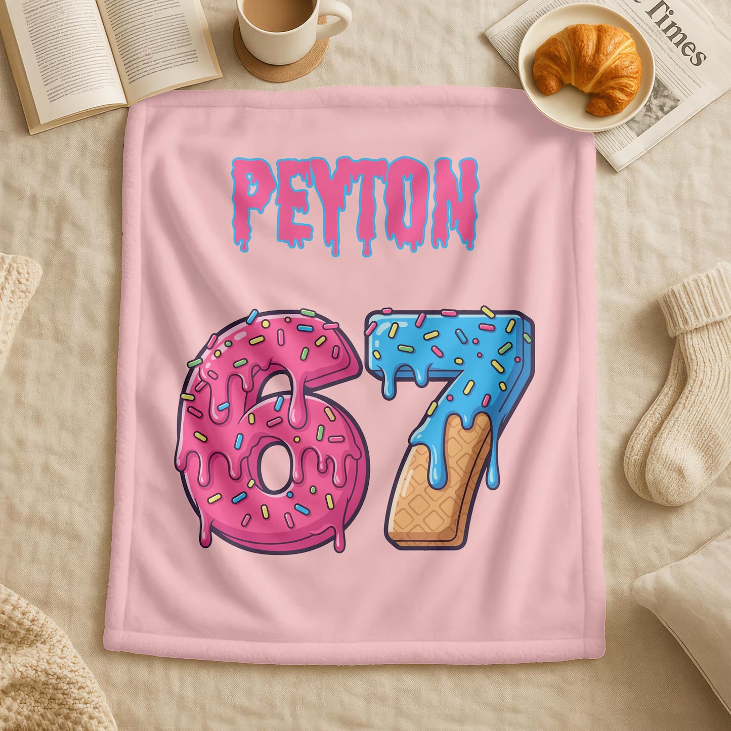 Custom Funny Six Seven Name Blanket – Personalized Ice Cream Drip Number Throw, 67 Meme Holiday Gift for Kids & Adults